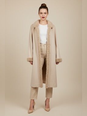 Balmain Beige Cashmere and Fur Trim Long Coat